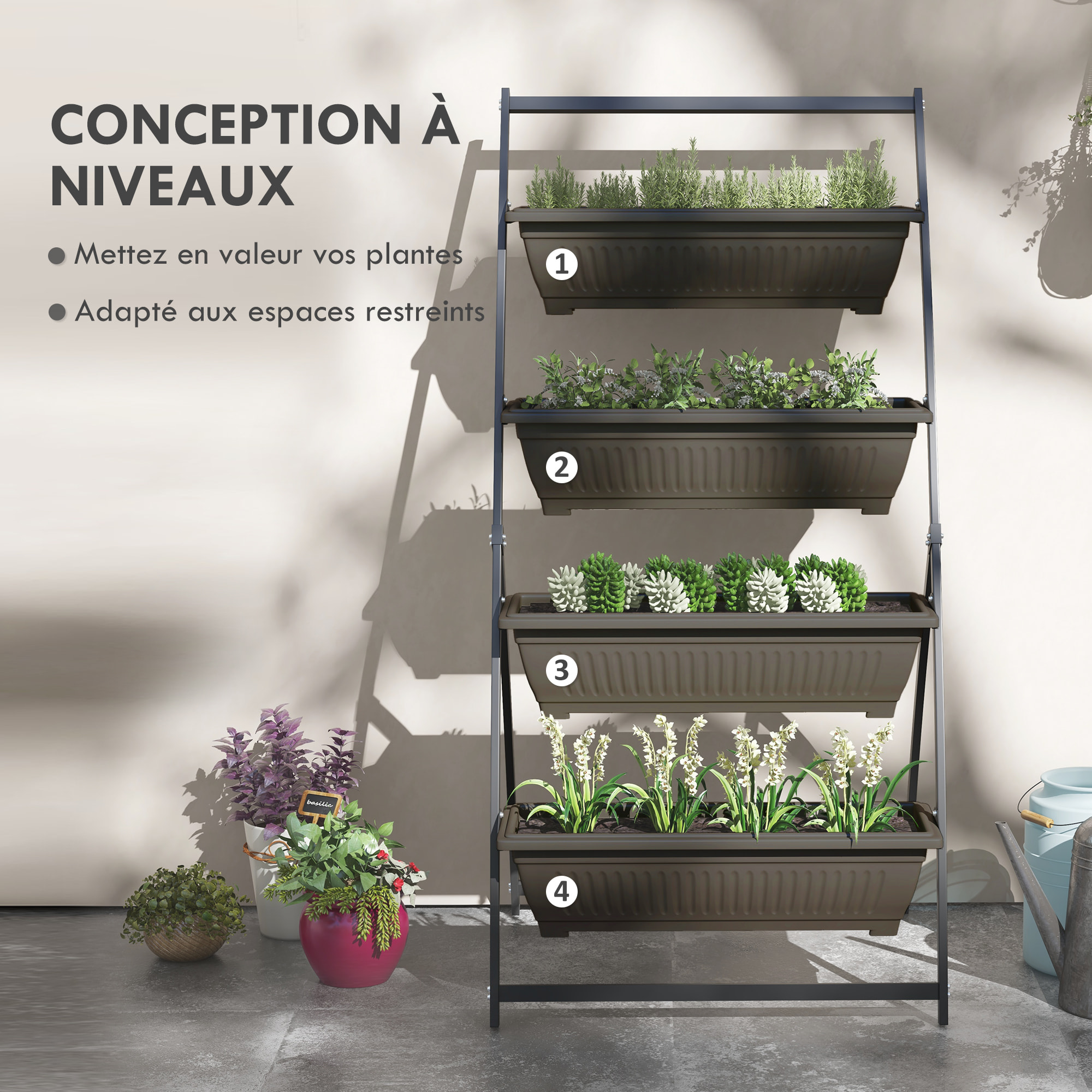 Jardinière sur pied 4 bacs amovibles inserts irrigation acier noir PP brun foncé