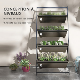 Jardinière sur pied 4 bacs amovibles inserts irrigation acier noir PP brun foncé