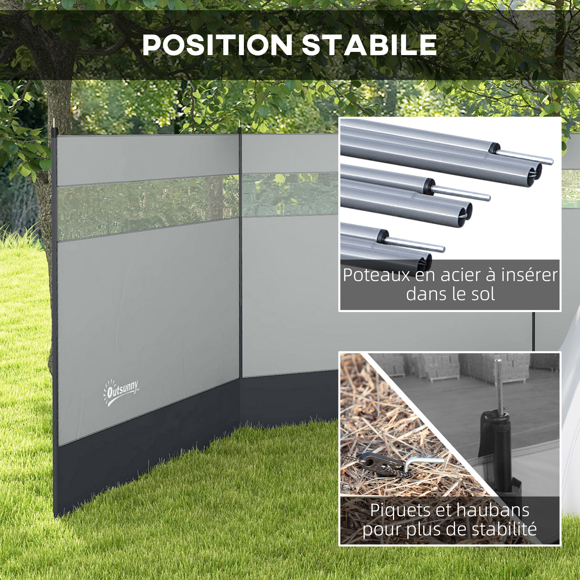 Paravent brise-vue camping plage portable pliable avec sac de transport et poteaux acier dim. 440L x 140H cm gris