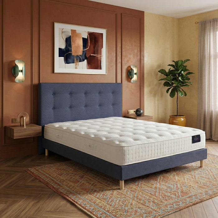 Ensemble matelas ressorts ensachés ARTÉMIS 2, accueil mémoire de forme, H26 cm, sommier et tête de lit bleu