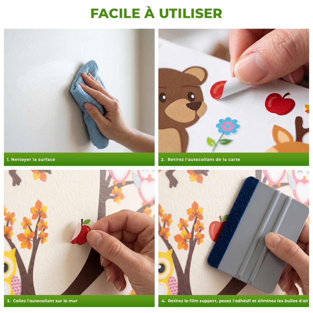 Stickers Muraux décoration adhésifs arbre géant avec hibou, singe et ours