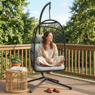 Outsunny Silla Colgante Huevo con Soporte, Columpio Jardín Exterior con Cesta Plegable de Ratán, Cojín Grueso, Reposacabezas, Altura Ajustable, Estructura Metálica para Interior y Exterior, Gris Claro