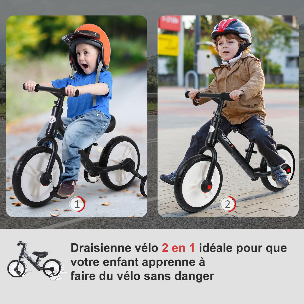 Vélo enfant draisienne 2 en 1 roulettes et pédales amovibles roues 11'' hauteur selle réglable acier noir