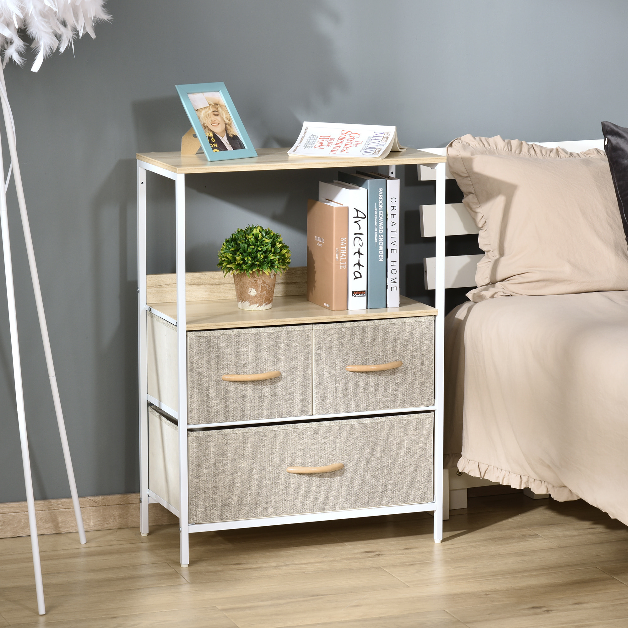 Meuble de rangement commode 3 tiroirs étagère plateau acier blanc MDF bois clair non tissé gris clair