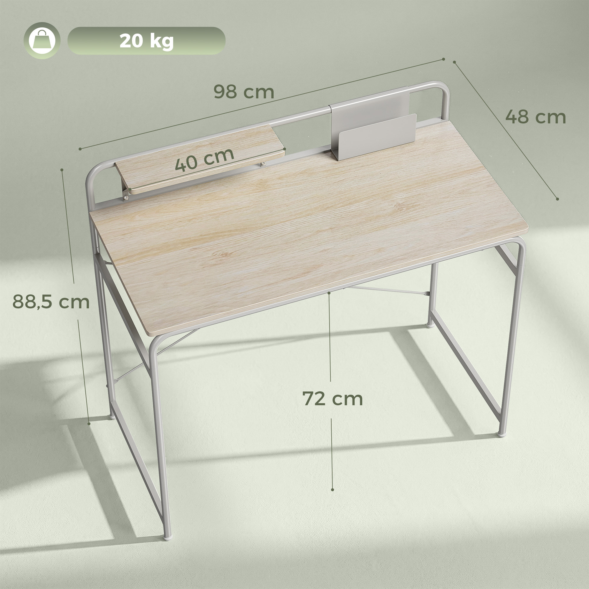 Escritorio, Mesa de Escritorio Moderno con Estante y Estructura de Metal, Fácil Montaje para Oficina en Casa, Dormitorio, Espacios Pequeños, 98x48x88,5 cm, Roble