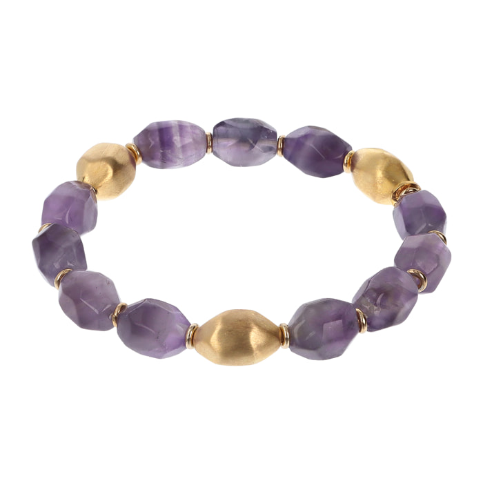 Bracciale Elastico con Elementi Satinati in Argento 925 placcato Oro Giallo 18Kt con Ametista Viola Sfaccettata