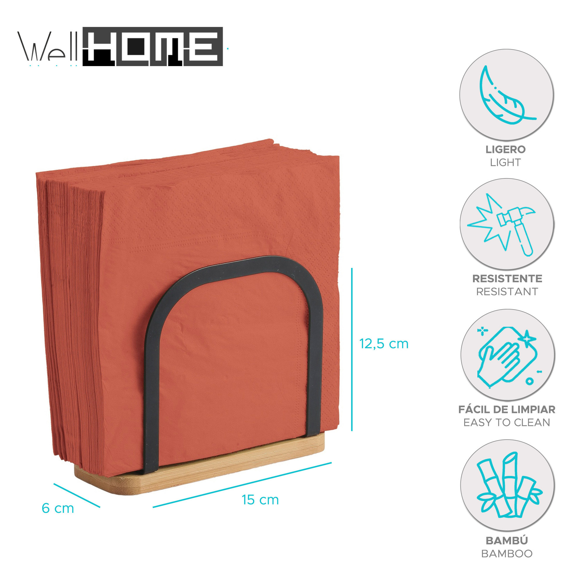 Soporte para servilletas de metal y Bambú en color negro