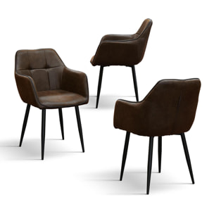 Set di 2 sedie PARIGI in ecopelle castagna e gambe in metallo nero, con braccioli