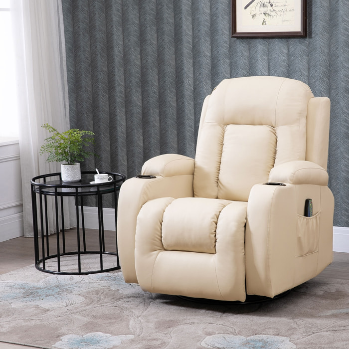 Fauteuil de massage et relaxation électrique chauffant inclinable manuellement repose-pied télécommande crème