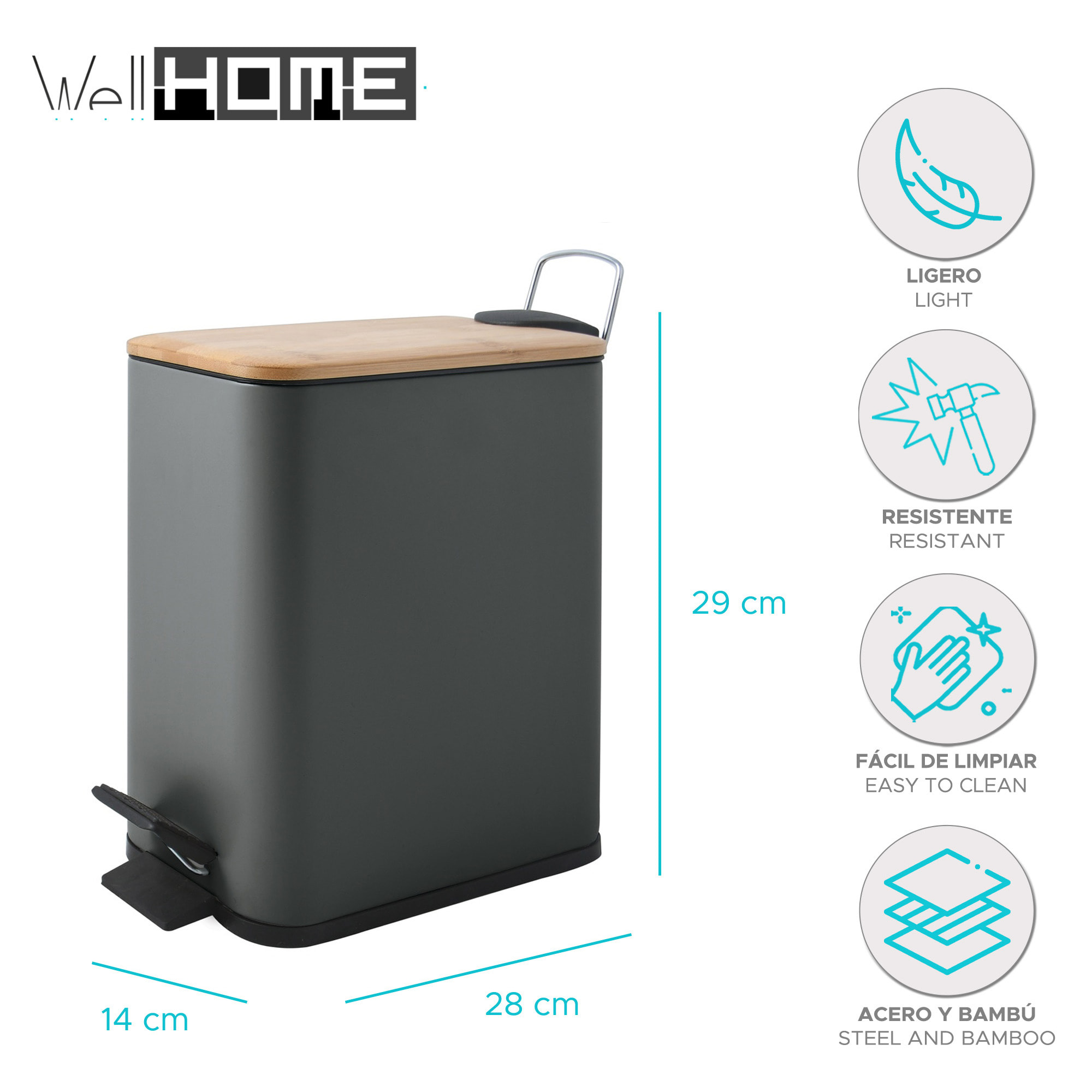 Cubo de basura con pedal ERIK de 5L en color Antracita - 14x28x29cm