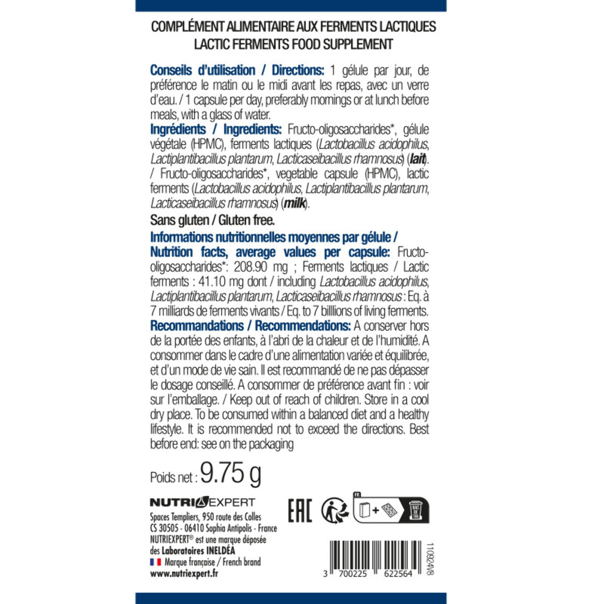 NUTRI EXPERT - Probiotiques Dynamisés - Favorise Equilibre De La Flore Intestinale -7 Milliards de Ferments Lactiques- 3 Souches Probiotiques - Riche en fibres prébiotiques - Sans Gluten - 30 Gélules