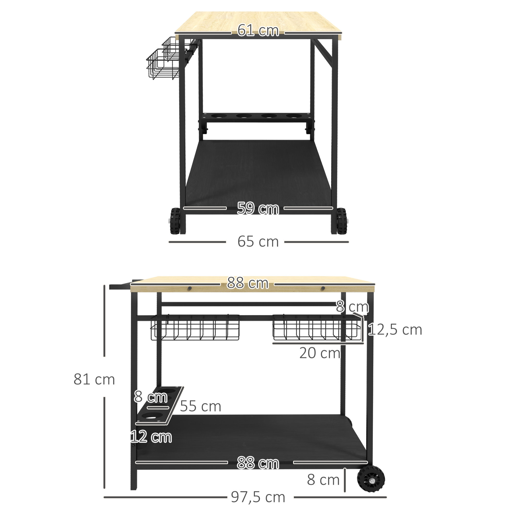 Desserte de jardin chariot pour plancha barbecue en bois et métal avec poignée 2 plateaux 2 paniers et porte-bouteilles