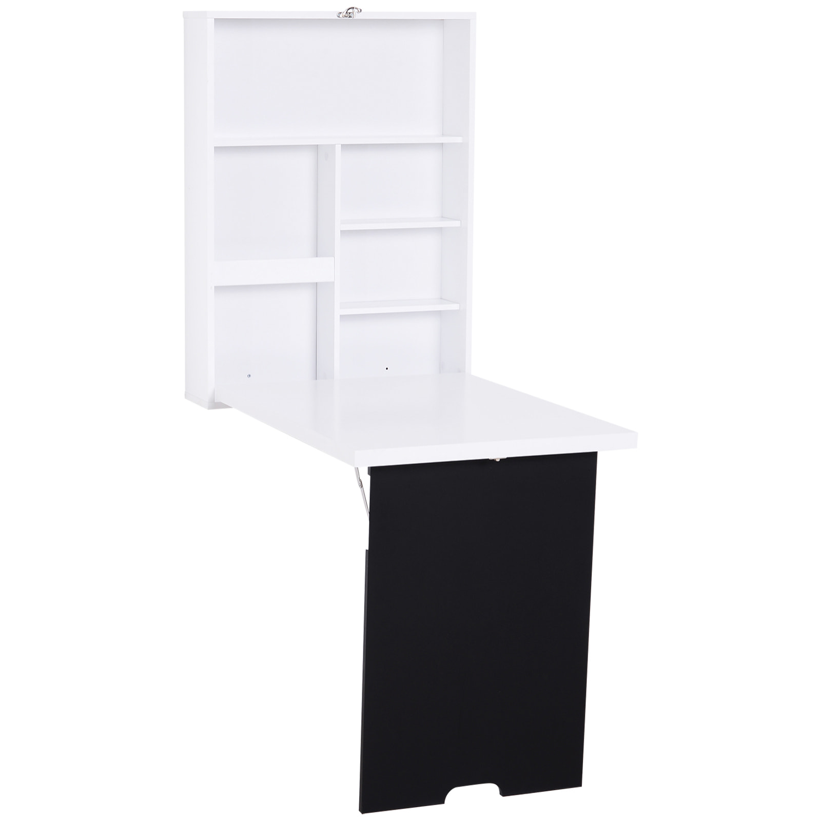 Bureau mural pliable table murale rabattable suspendue sur pied étagère + tableau à craie intégré MDF blanc