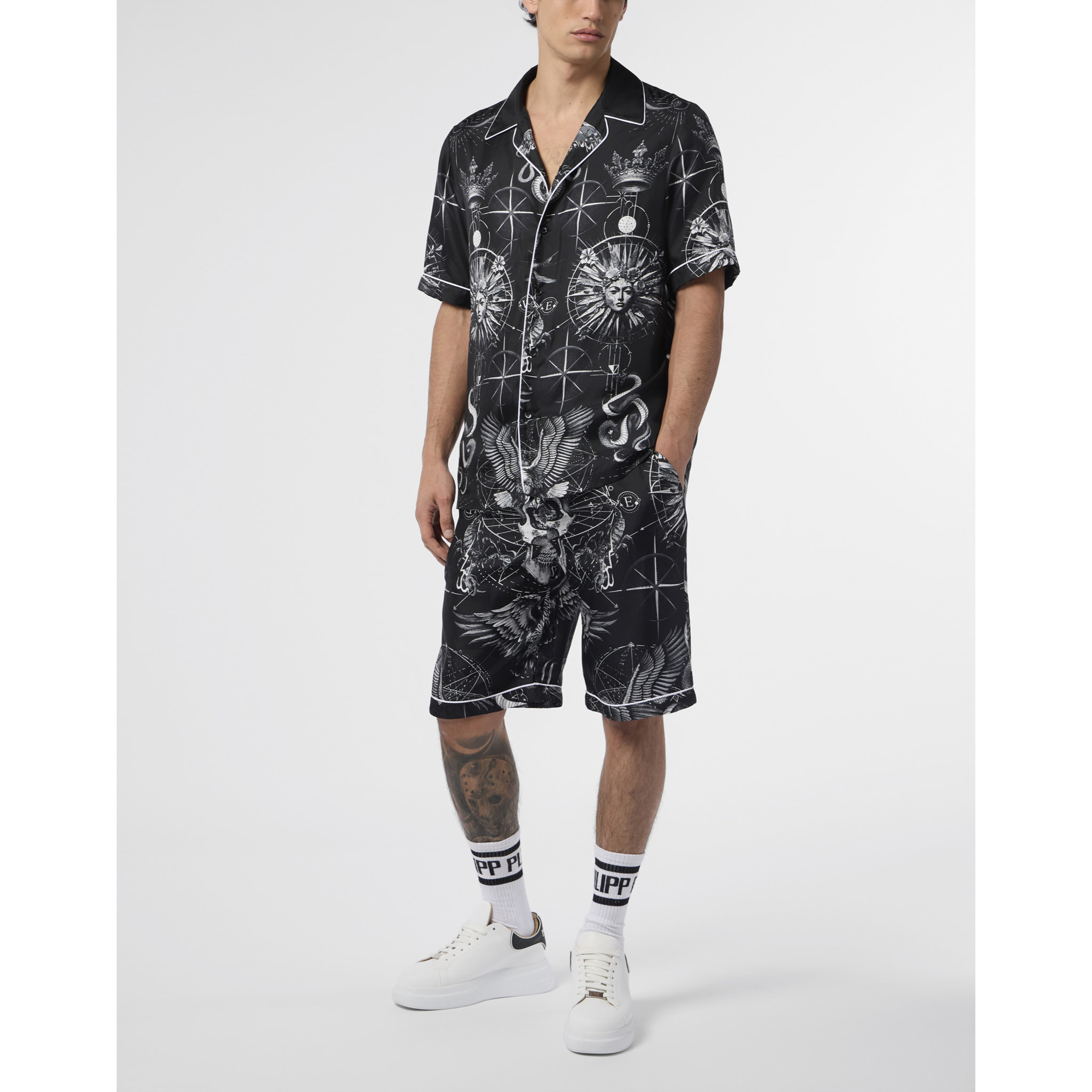 PHILIPP PLEIN Silk Bowling Shirt All-Over Tattoo