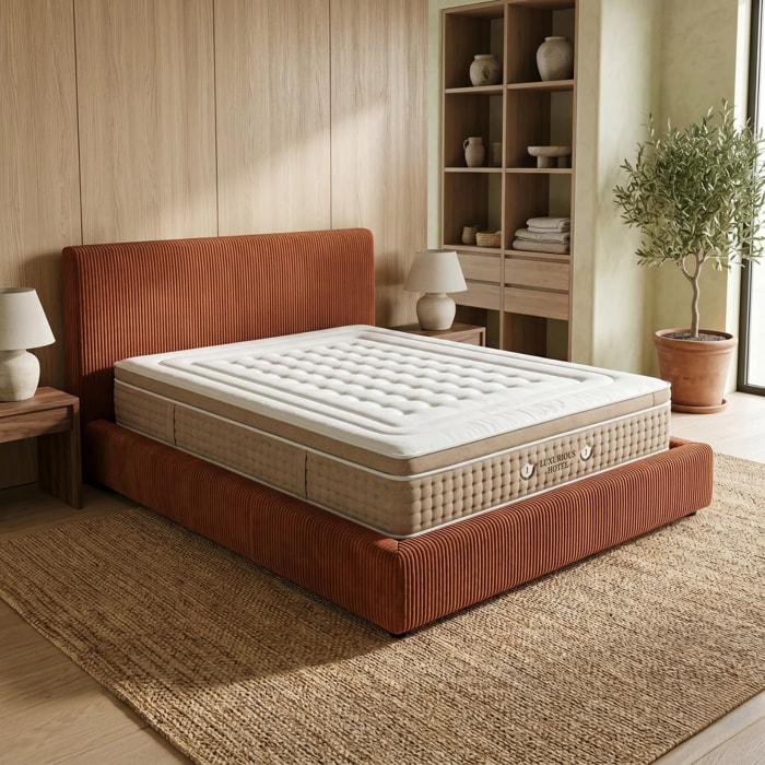 Ensemble matelas Bali & lit coffre Colisée | Mémoire de forme et ressorts ensachés | Grande capacité de stockage | Velours côtelé | Terracotta