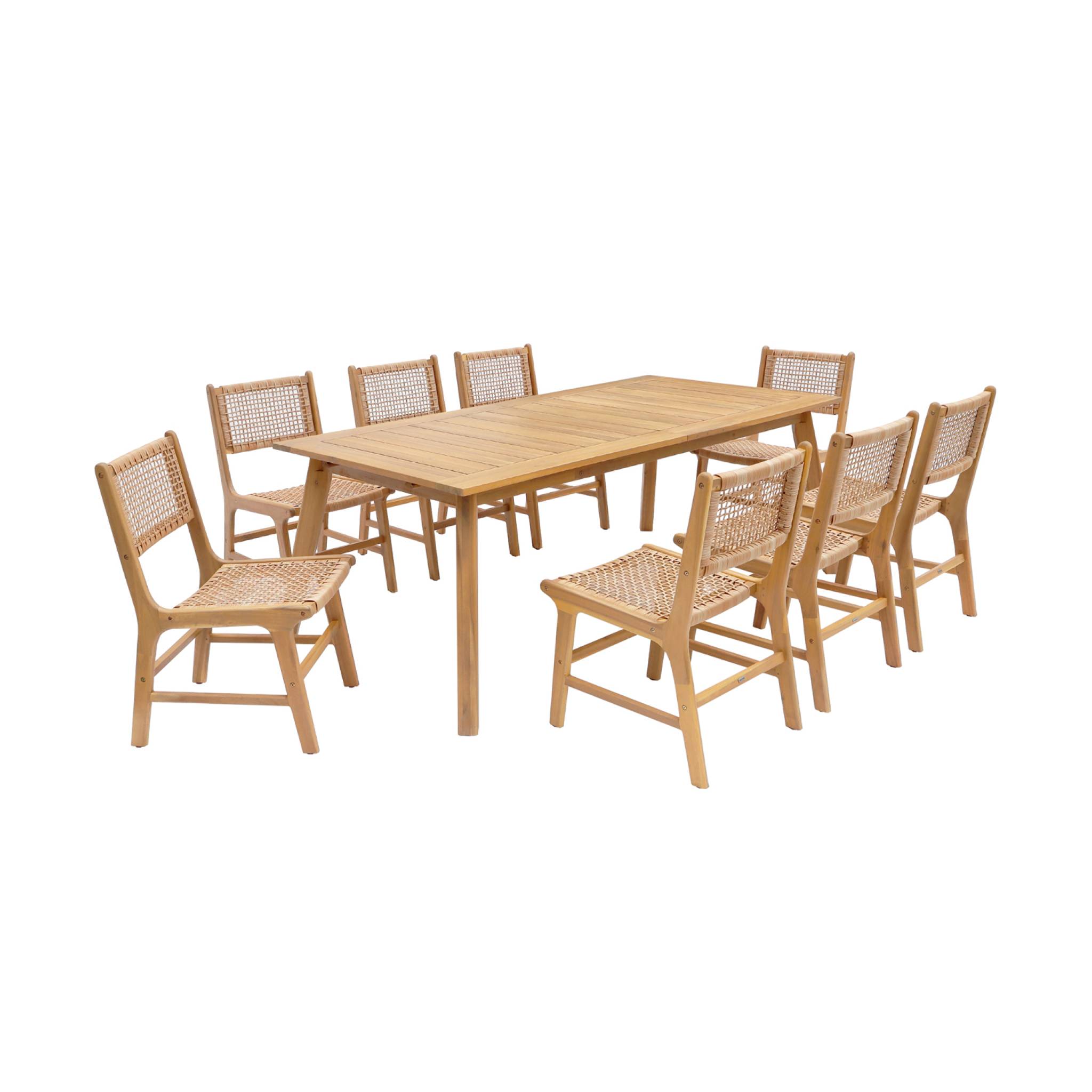Table de jardin extensible bois d'acacia + 8 assises Palena + Ocara 200/275 x 100 x 75 cm naturel
