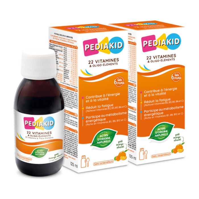 PEDIAKID - 22 Vitamines et Oligo-Éléments - Complément Alimentaire Naturel - Formule Exclusive au Sirop d'Agave - Optimise les Apports en Vitamines et Minéraux - Lot de 2 flacons 125ml