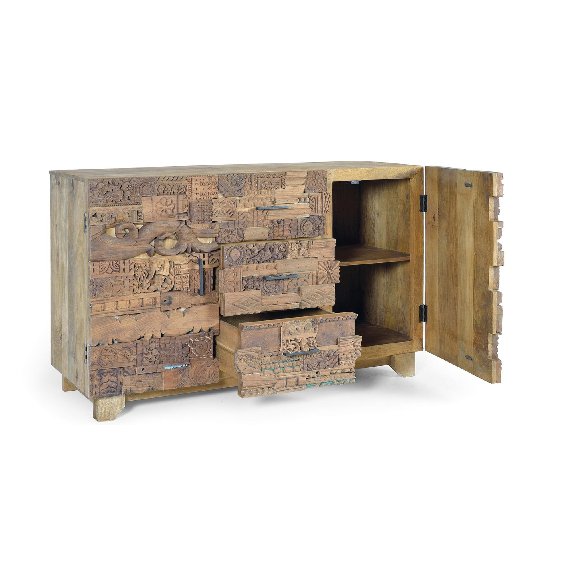 Aparador de Madera de Mango, Madera Recuperada Estilo Boho Étnico Tallado