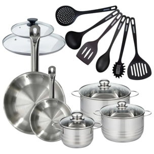 Set 2 poêles 20 28 cm en inox, 2 couvercles verre, 3 faitouts inox 16, 20 et 24 cm et 6 ustensiles RPET Fackelmann Eterna
