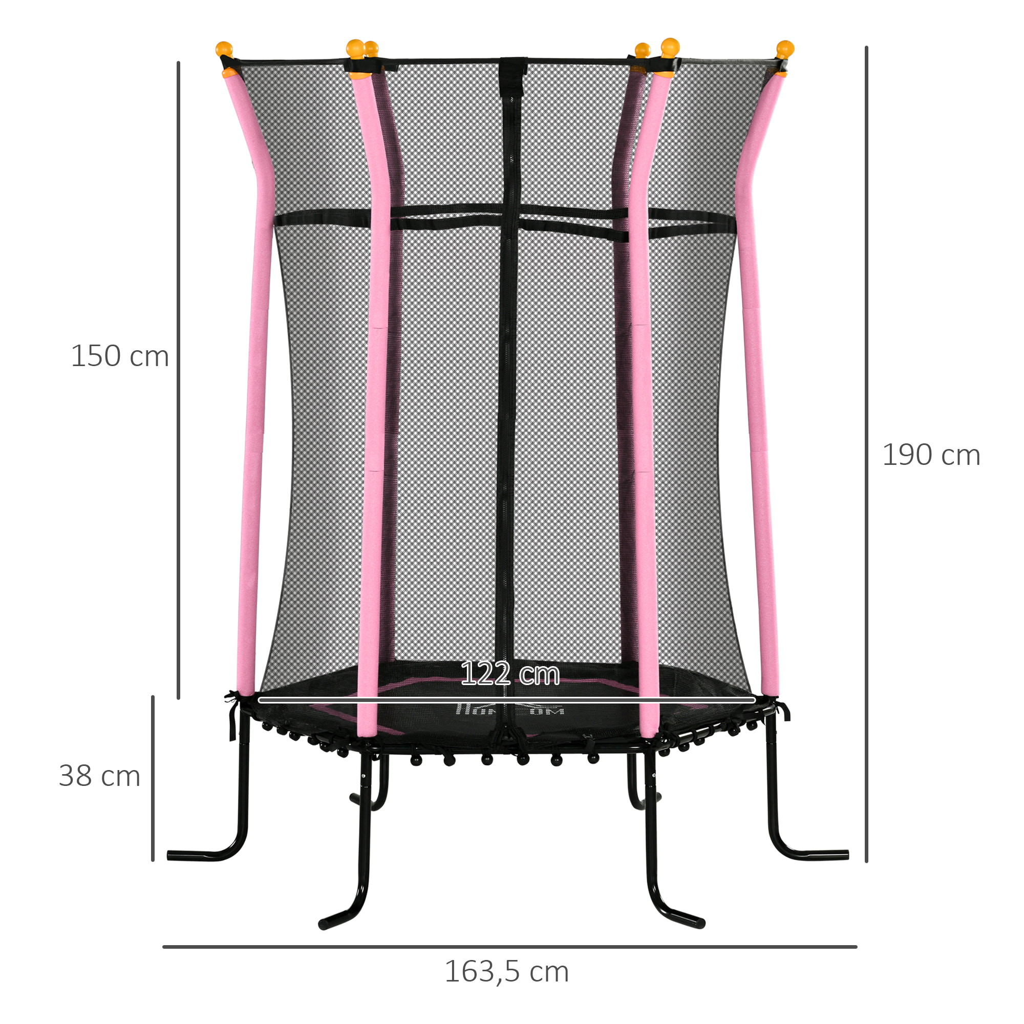 Cama Elástica Infantil de Jardín Ø163,5x190 cm Trampolín para Niños de +3 Años con Red de Seguridad y Marco de Acero para Interior Exterior Carga 50 kg Negro y Rosa