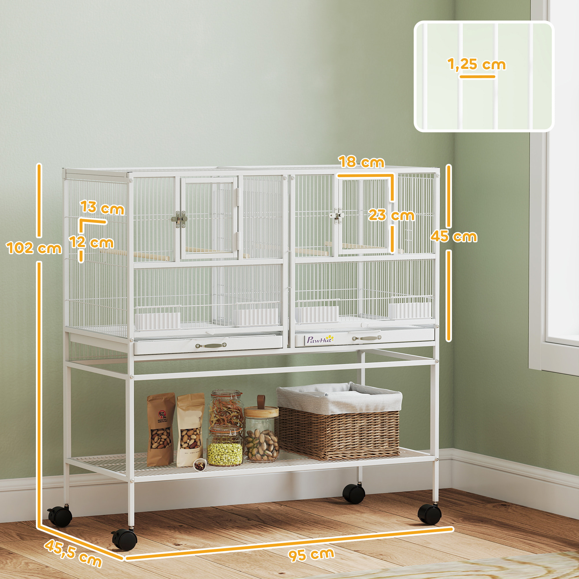 Jaula para Pájaros Grande con Divisor, Pajarera Doble con Ruedas, 4 Comederos, 4 Perchas, Estante, 2 Bandejas Extraíbles, para Periquitos, Agapornis, Canarios, 95x45,5x102 cm, Blanco