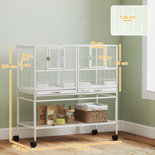 Jaula para Pájaros Grande con Divisor, Pajarera Doble con Ruedas, 4 Comederos, 4 Perchas, Estante, 2 Bandejas Extraíbles, para Periquitos, Agapornis, Canarios, 95x45,5x102 cm, Blanco