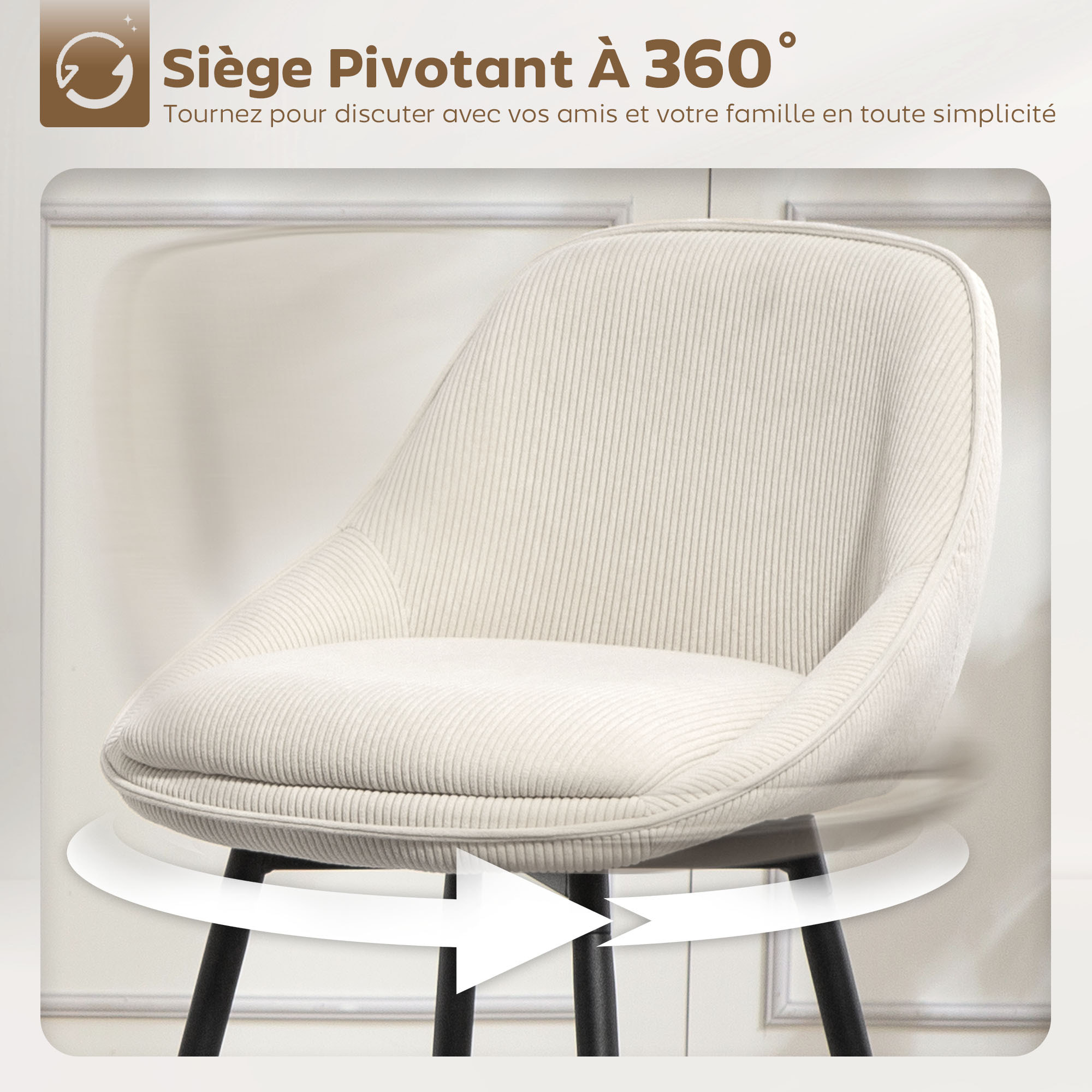 Lot de 2 chaises de bar design velours côtelé assise H.65cm pivotante 360°cm acier noir beige