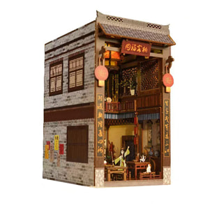 Un sueño de Jianghu. Book Nook de madera, diseño 3D realista con gran detalle, cubierta y luces led.