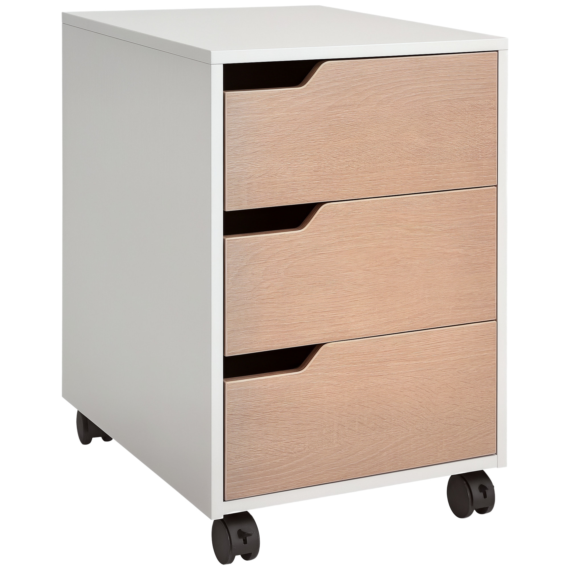 Caisson bureau mobile avec 3 tiroirs, meuble rangement bureau sur roulettes pour documents et imprimante, 40x50x57,5cm, blanc et aspect bois