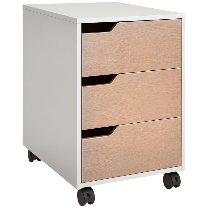Caisson bureau mobile avec 3 tiroirs, meuble rangement bureau sur roulettes pour documents et imprimante, 40x50x57,5cm, blanc et aspect bois