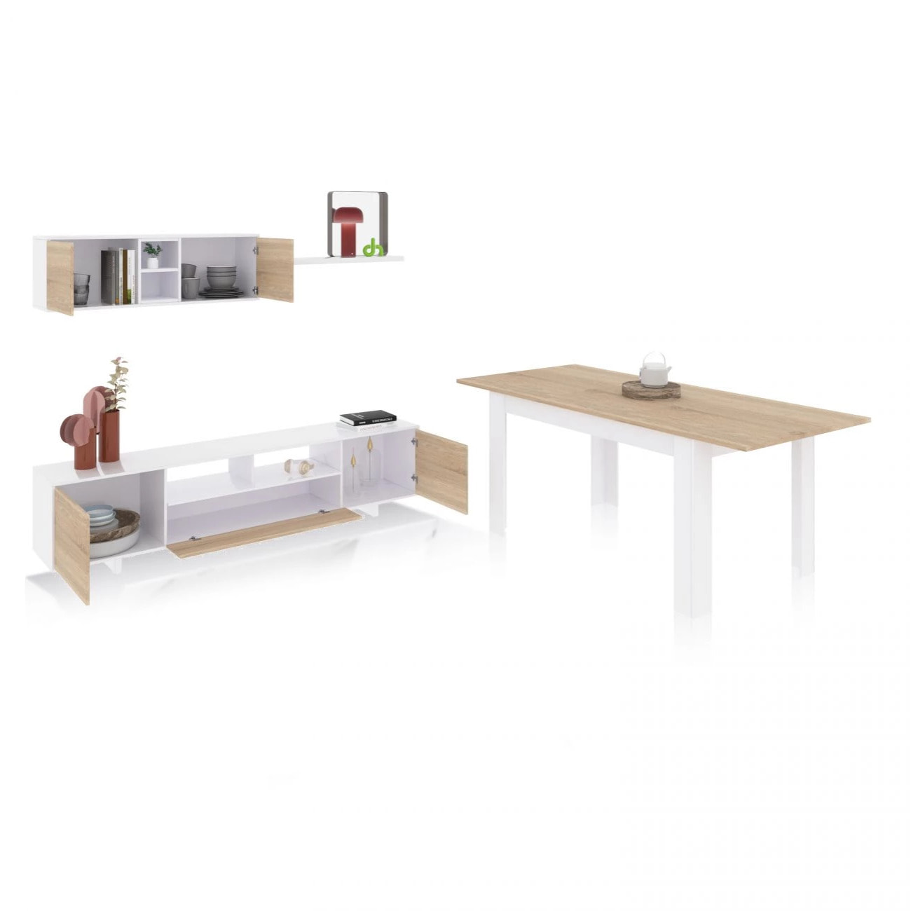 Pack salón con mesa de comedor Kenzo Plus VB Blanco Artik (Blanco Mate) - Roble Canadian