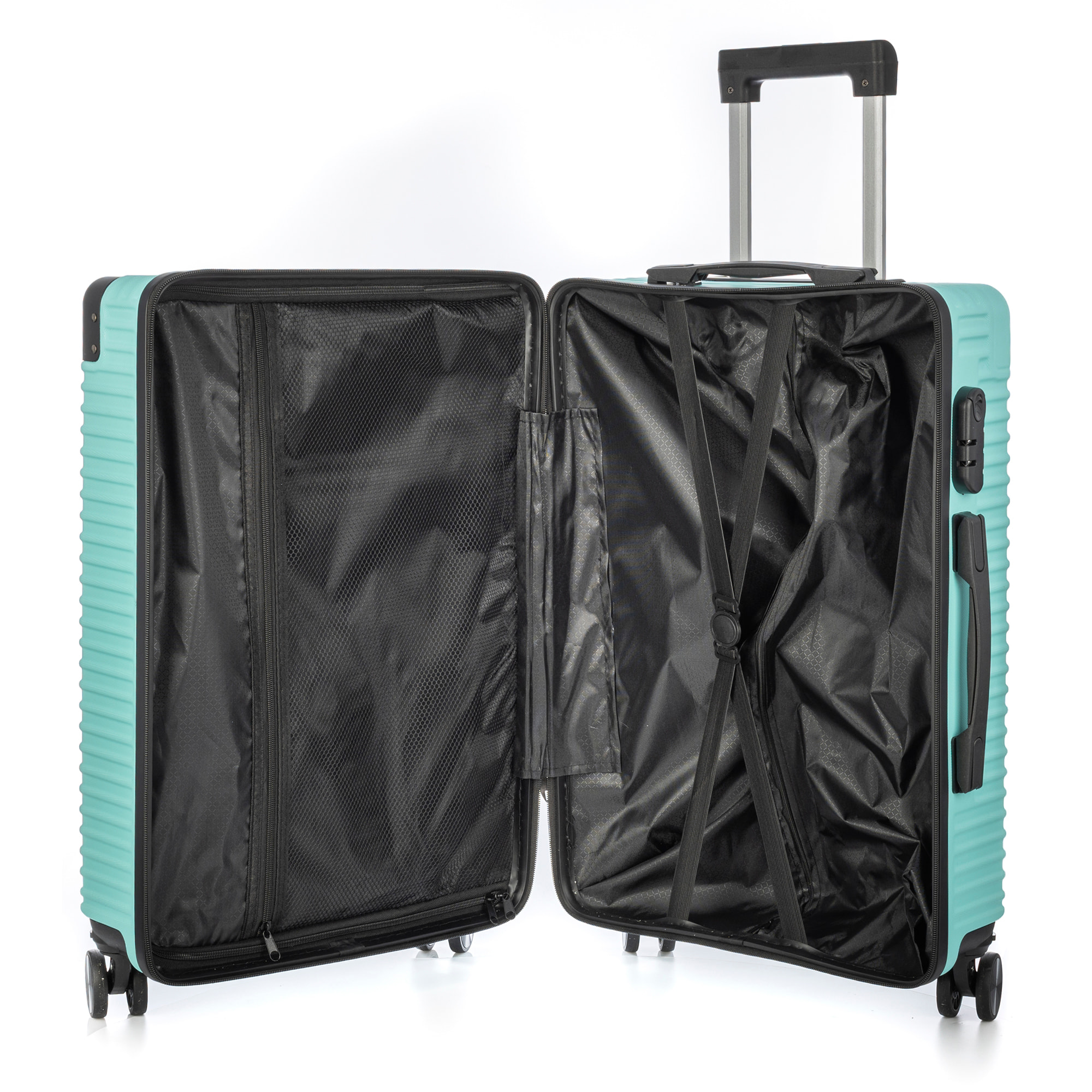 DAM Set di 3 valigie Trolley, in materiale leggero ABS ad alta resistenza con angoli rinforzati. Chiusura numerica e 4 ruote doppie removibili e girevoli a 360°. 54x32x80 Cm. Colore: Verde Acqua