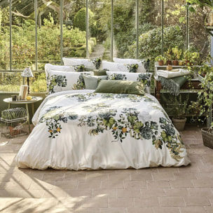 Taie d'oreiller percale de coton lavé imprimé vert ecru Giardino naturel