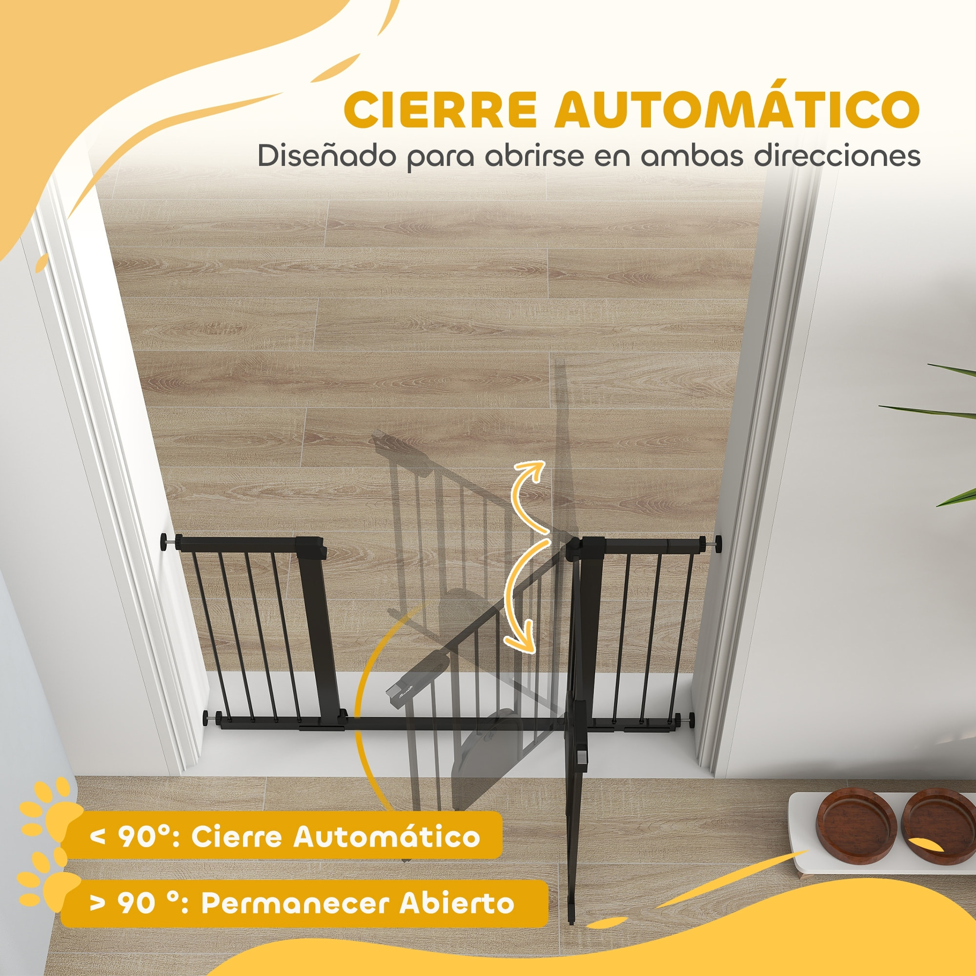 Barrera de Seguridad para Perros Extensible 75-131 cm, para Puertas y Escaleras, Barrera para Perros con Puerta Pequeña, 3 Extensiones, Montaje a Presión y Doble Bloqueo, Negro