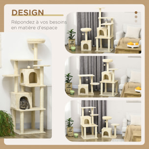 Arbre à chat modulable - griffoirs, 2 niches, 4 plateformes, 2 boules suspendues - peluche douce beige