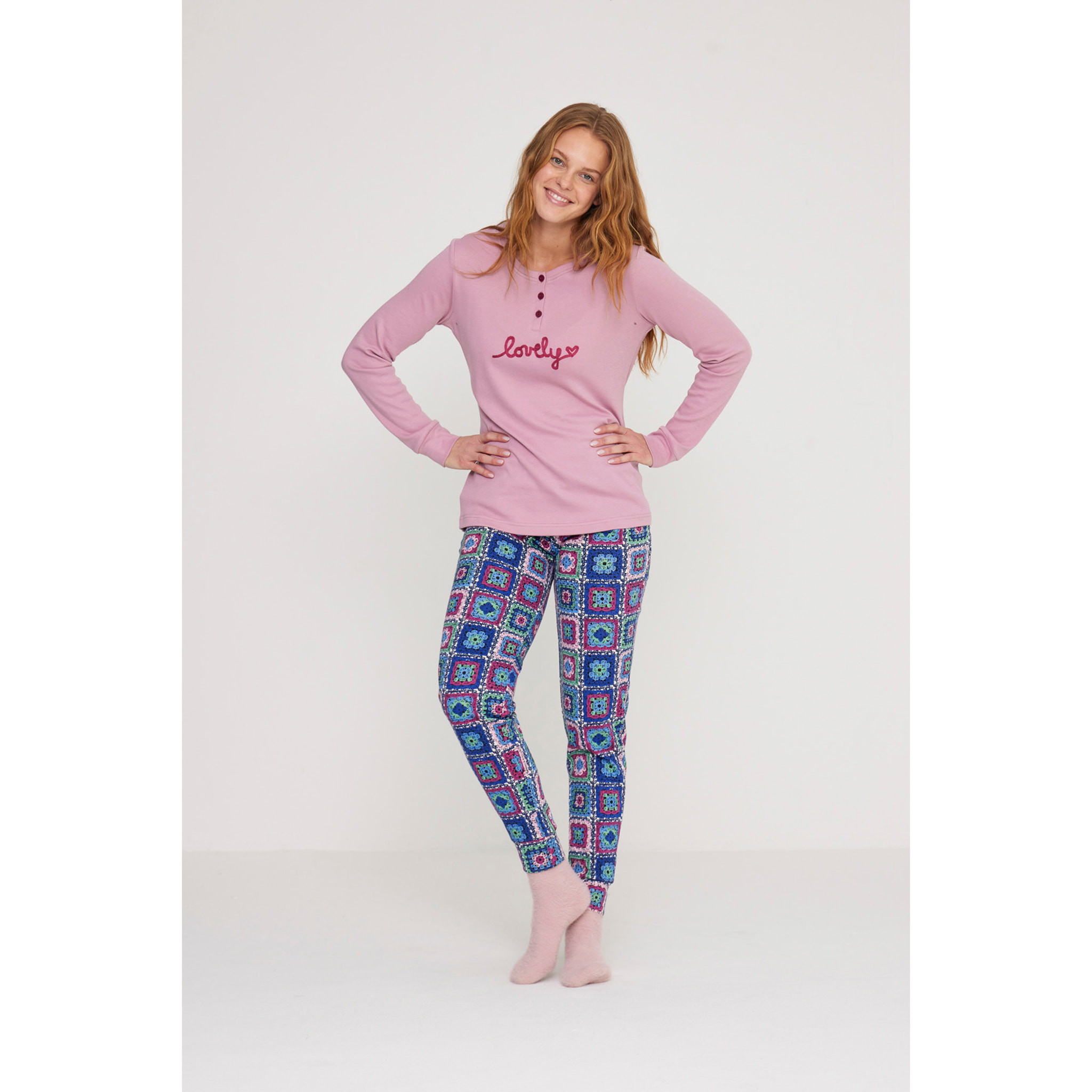 Pigiama donna folk in caldo cotone con collo a tre bottoni Noidinotte