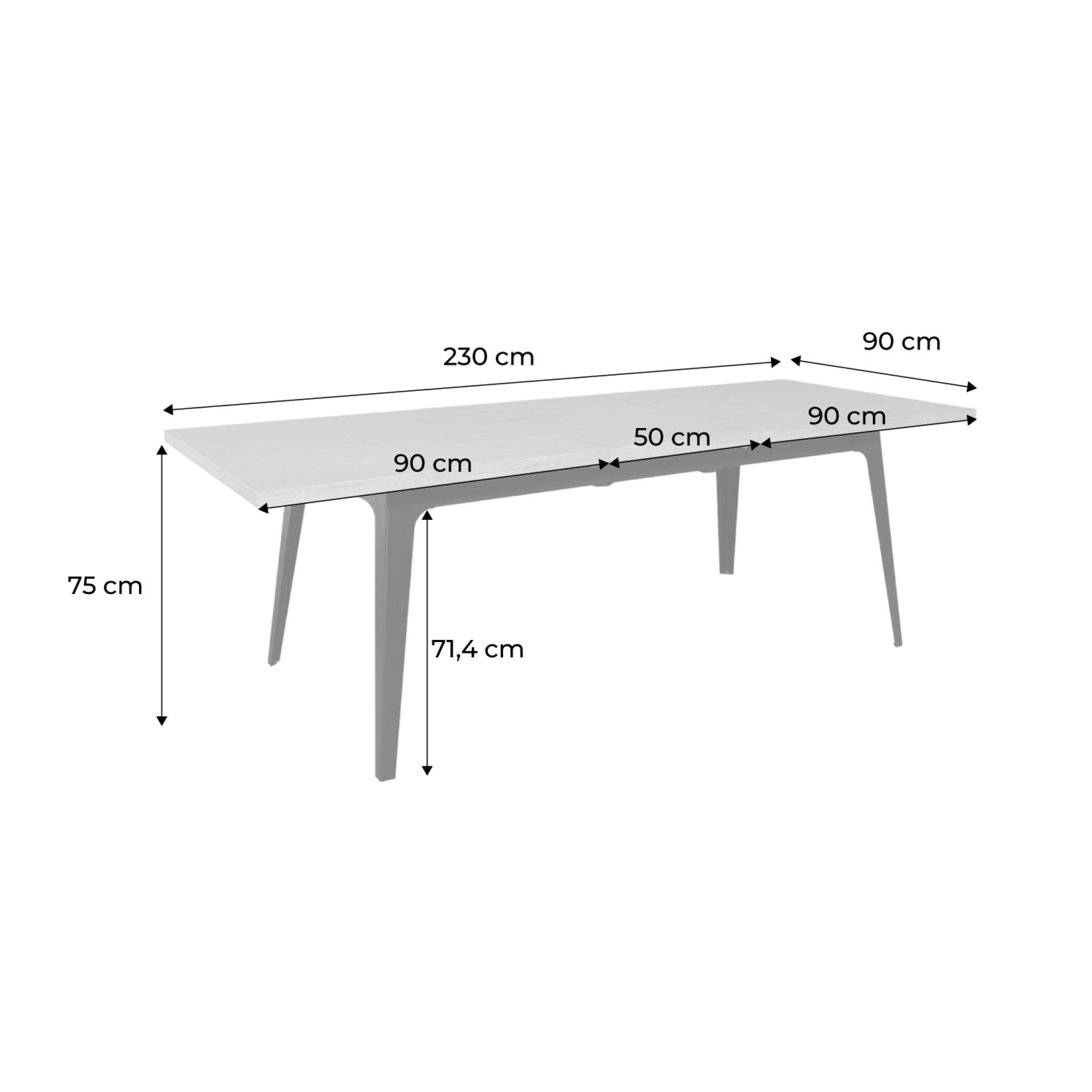 Table à manger extensible rectangulaire 180-230cm. placage chêne et métal. teinte naturelle. L 180/230 x P 90 x H 75cm