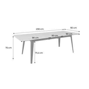 Table à manger extensible rectangulaire 180-230cm. placage chêne et métal. teinte naturelle. L 180/230 x P 90 x H 75cm