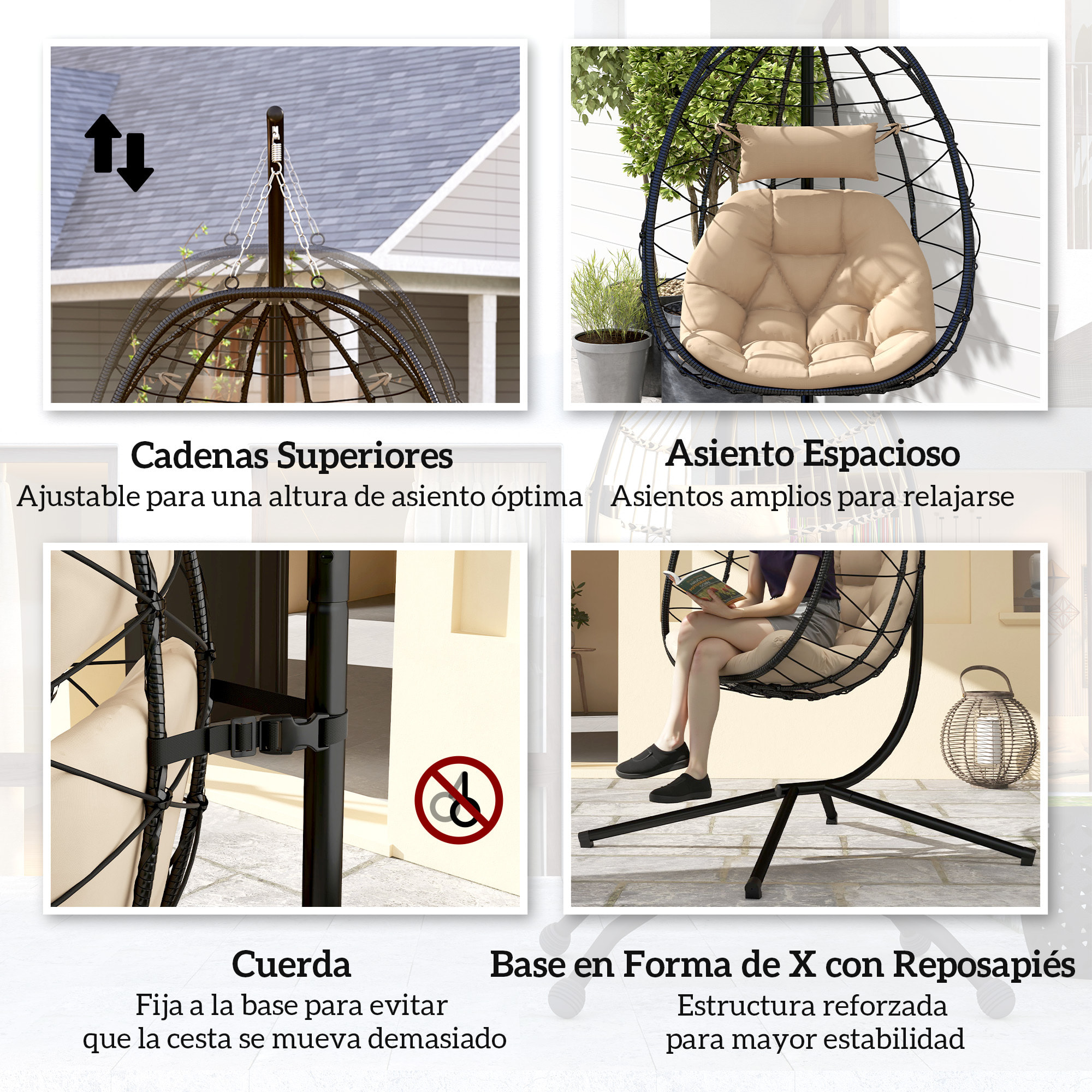 Silla Colgante Huevo con Soporte Columpio Jardín Exterior con Cesta Plegable Cojín y Reposacabezas Columpio Colgante para Interior y Exterior Carga 120 kg Caqui