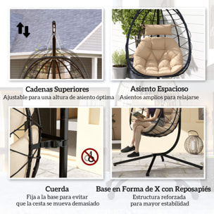 Silla Colgante Huevo con Soporte Columpio Jardín Exterior con Cesta Plegable Cojín y Reposacabezas Columpio Colgante para Interior y Exterior Carga 120 kg Caqui