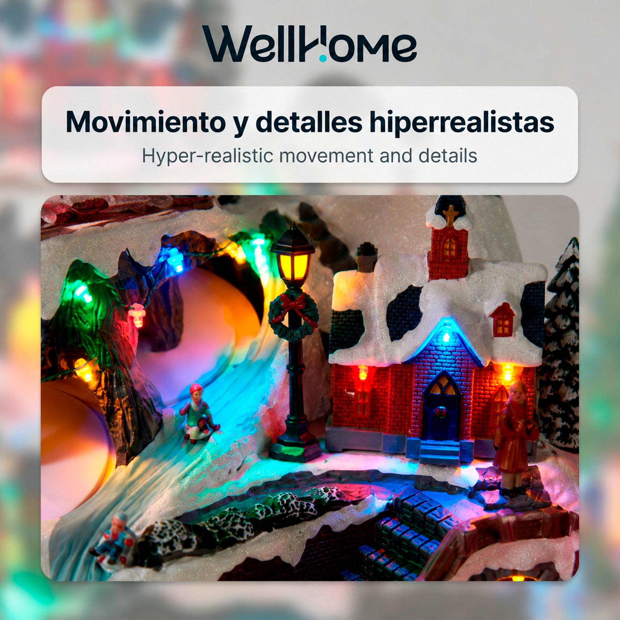 Pueblo navideño de esquí con led y movimiento, escena de invierno iluminada 45,6x30,5x35,8 cm