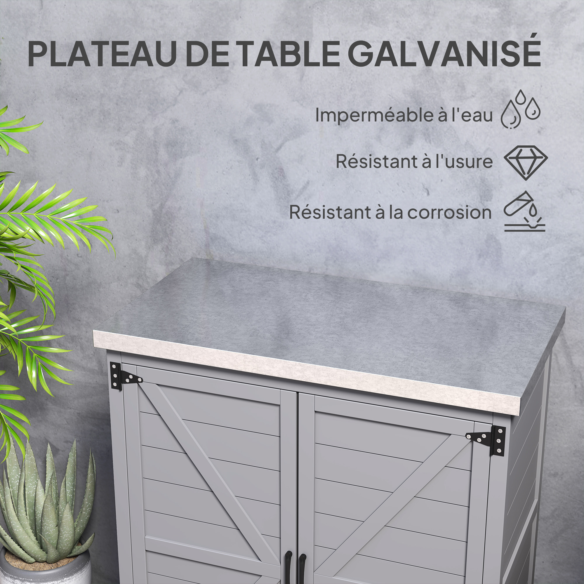 Armoire de jardin bois 2 portes étagère plateau rempotage acier galvanisé