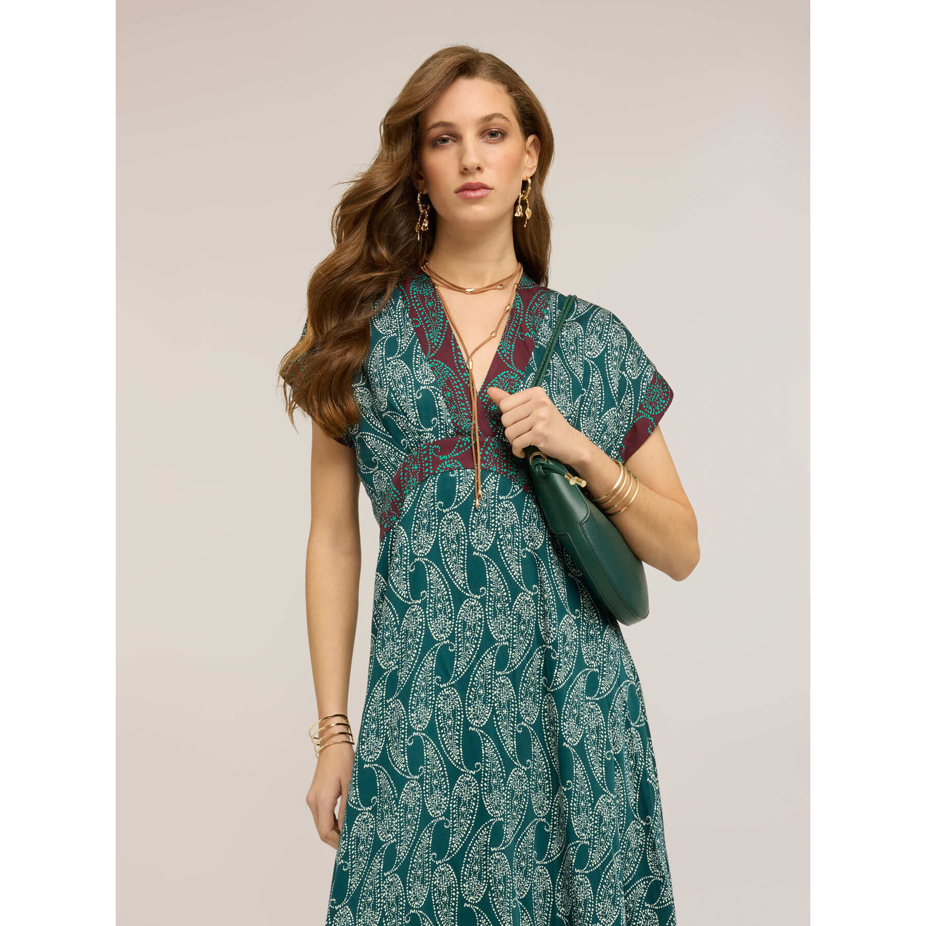 Motivi - Vestido largo de raso estampado cashmere - Verde