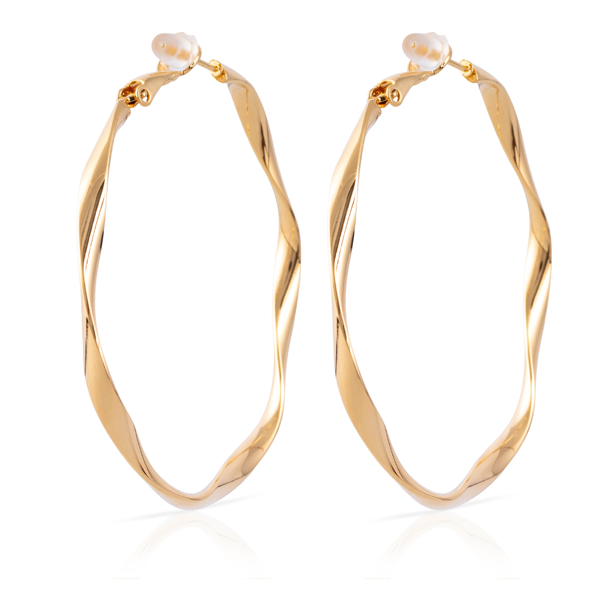 Pendientes de aro ondulados de cobre con baño de oro auténtico, 50 mm, cierre catalán de plata de ley 925 con acabado dorado electroplateado.