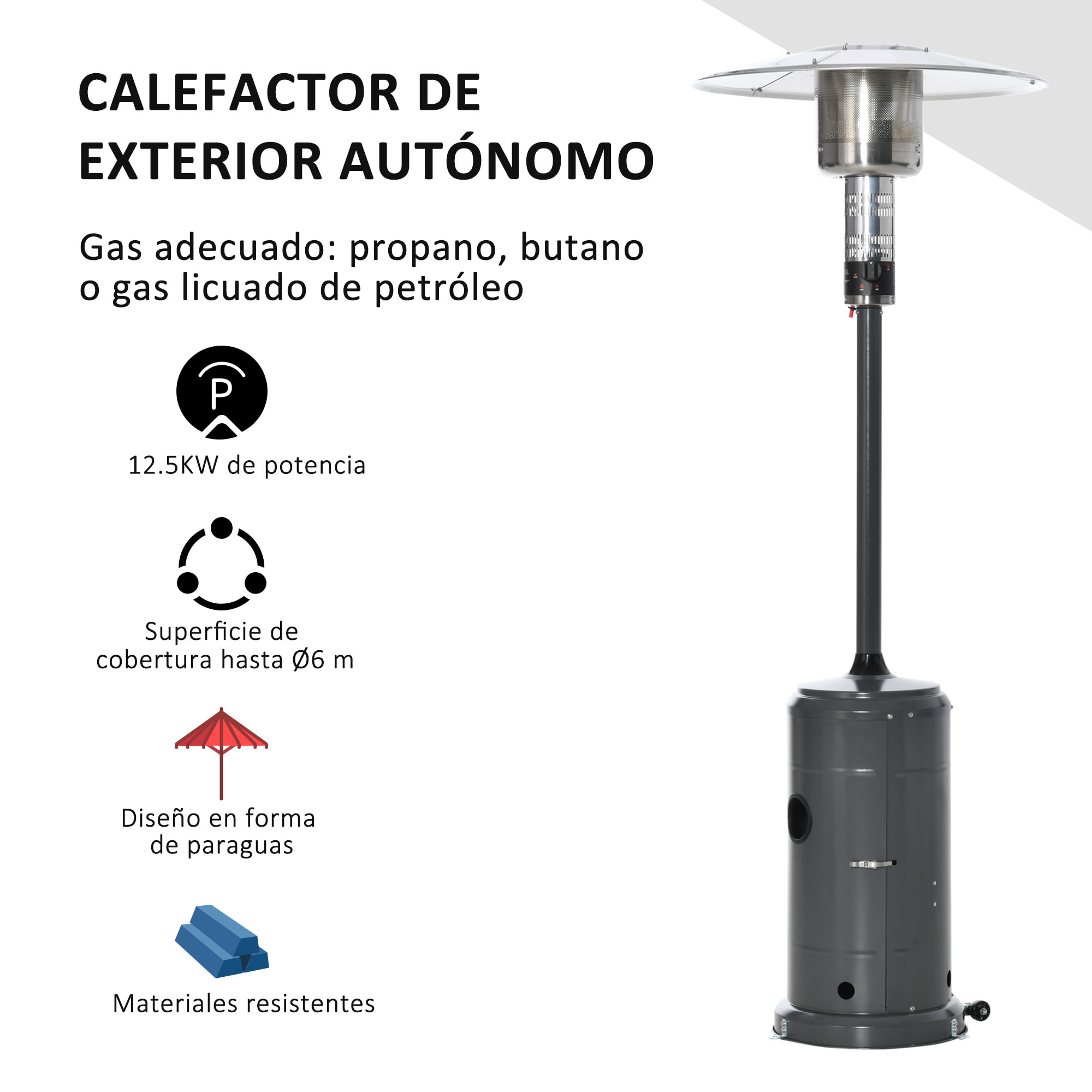 Estufa de Gas para Exterior 12,5KW Calefactor para Patio con Ruedas Ø81,5x225 cm