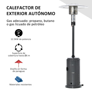 Estufa de Gas para Exterior 12,5KW Calefactor para Patio con Ruedas Ø81,5x225 cm