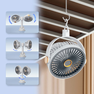 Ventilador modular F16. Con 2 ventiladores independientes, 5 velocidades por unidad y giro 360° vertical y horizontal. 3 niveles de iluminación y diseño versátil de sobremesa, pared, techo o uso portá