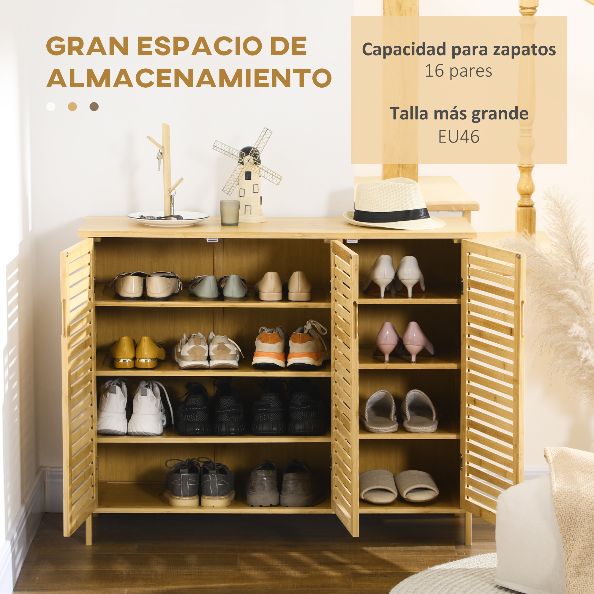Mueble Zapatero de Recibidor Armario Zapatero con 3 Puertas de Persianas Estantes Ajustables para 16 Pares de Zapatos para Pasillo Entrada 100x35x80 cm Natural