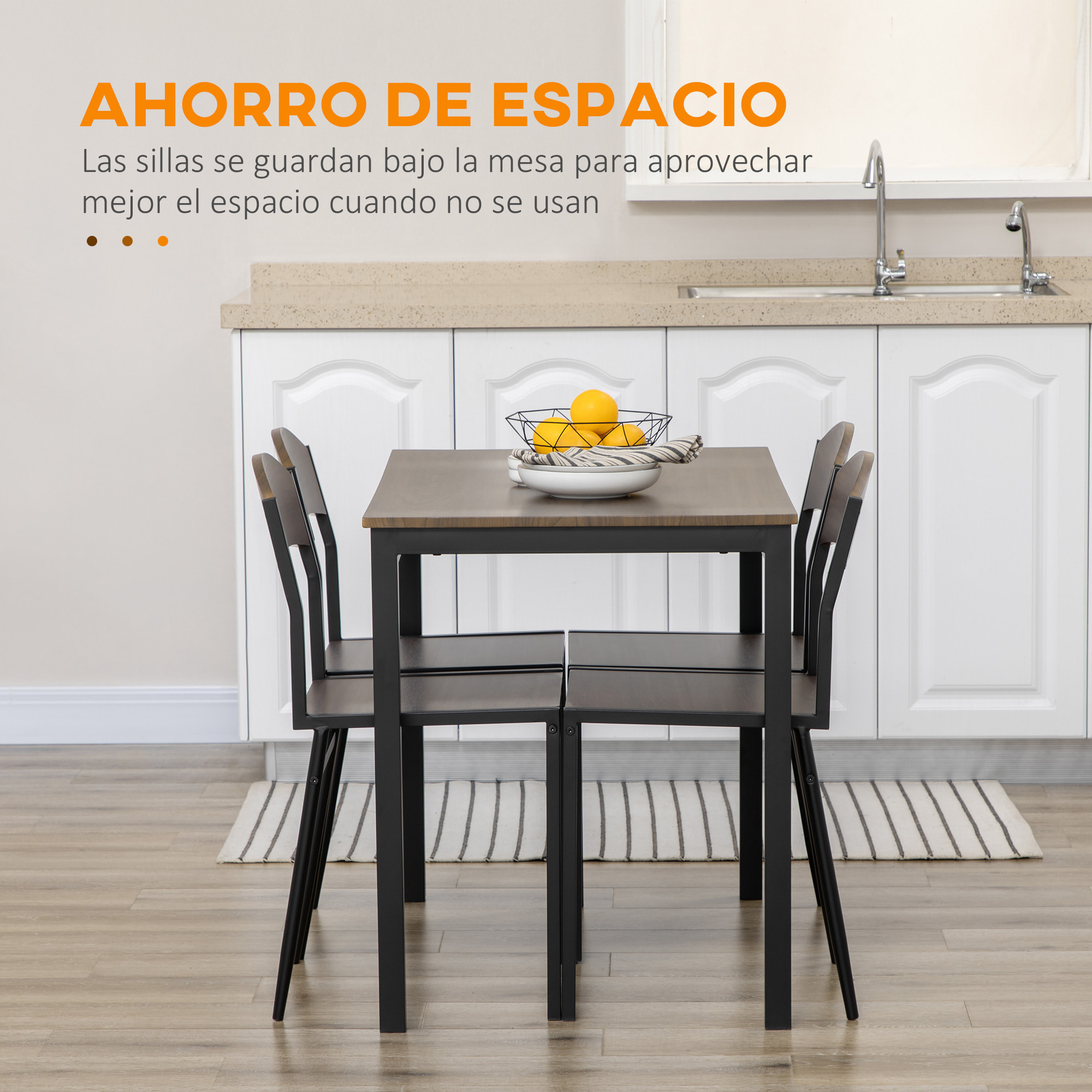 Juego de Mesa y Sillas de Comedor, Mesa de Cocina Rectangular con 4 Sillas, Estilo Moderno, Marco Metálico, para Espacios Pequeños, Salón, Marrón Oscuro y Negro