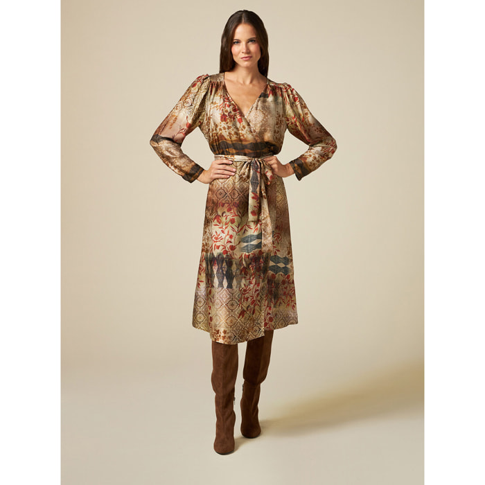 Oltre - Vestido cruzado con estampado patchwork - Beige